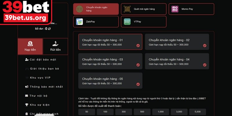 Hướng dẫn các bước thực hiện nạp tiền 39BET