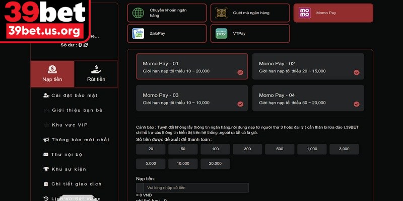 Lưu ý hội viên cần biết khi thực hiện nạp tiền 39BET
